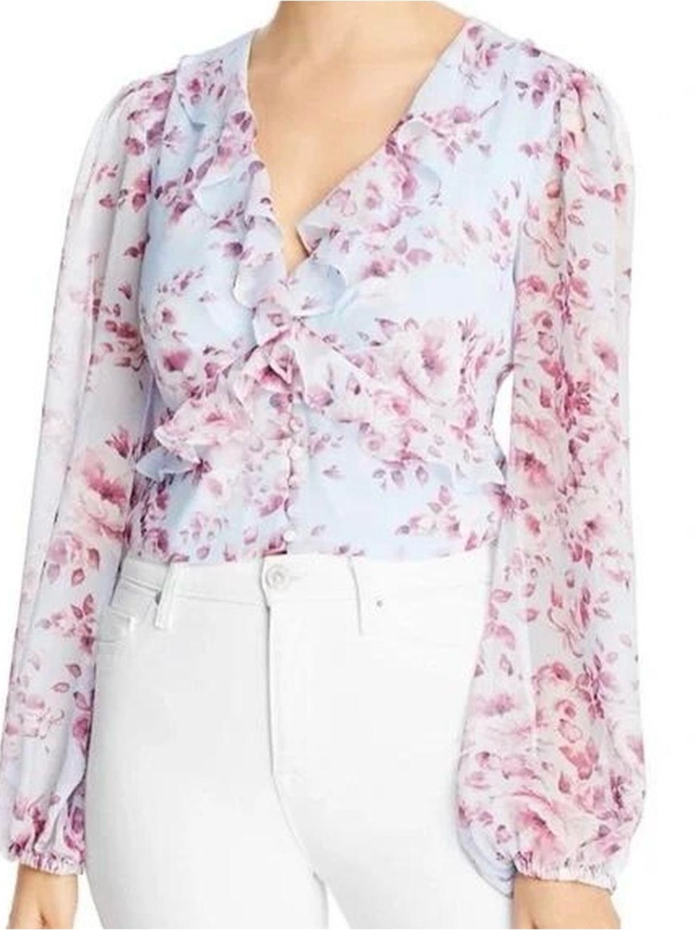 Bardot Light Blue Blouse with Pink Floral Ruffles and Button Detail
